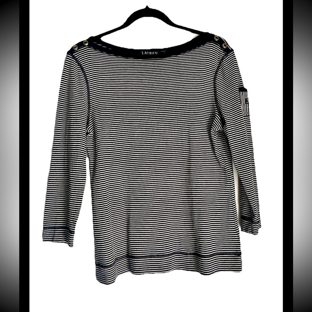 LAUREN RALPH LAUREN Women’s Cream Black Striped Jersey Long Sleeve Top Sz L